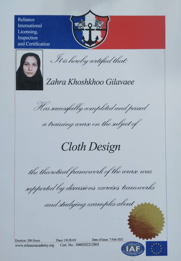 Sample Certificate of Cloth Design Course