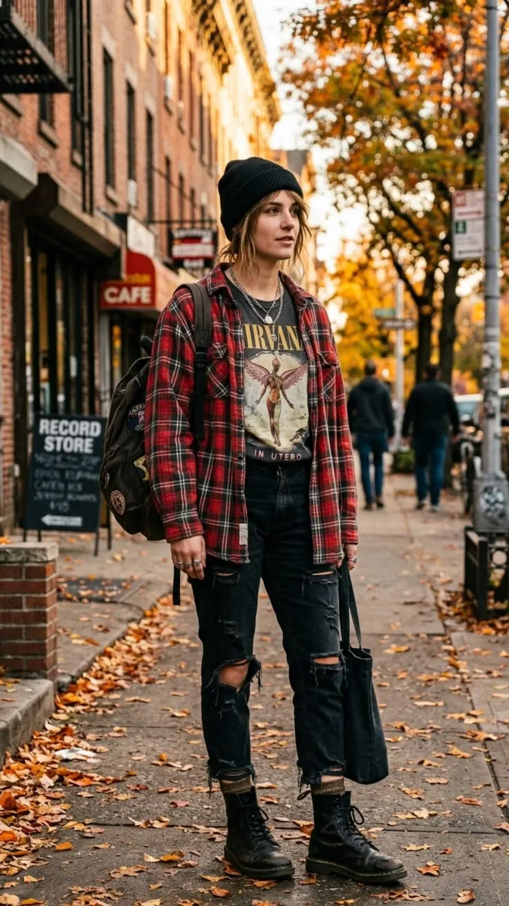1_ 90s Fall Outfits Grunge with Oversized Flannel Shirt (1)