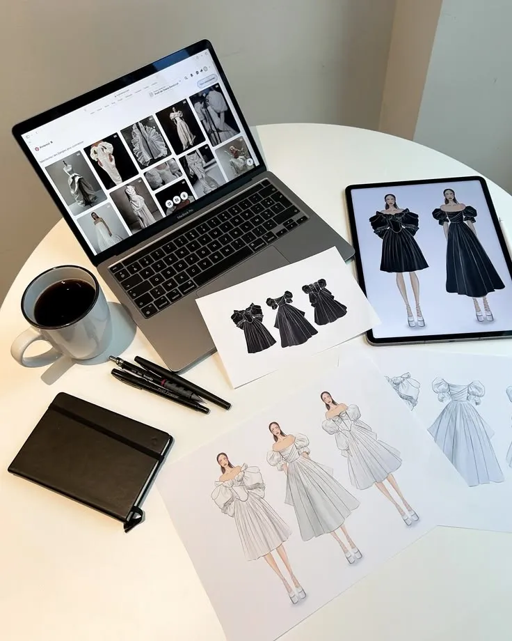 A day in the life of a fashion designer 🖥️✍🏻__#fashionsketch #fashiondesigner #fashiondesignerslife #homeoffice #workspace #fashionillustrator #fashiondesigning #fashionsketchoftheday