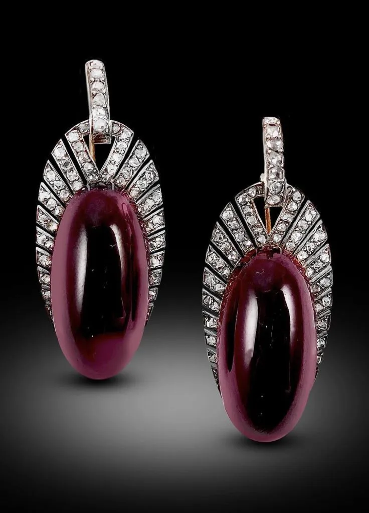 Antique cabochon garnet and diamond earrings, circa 1880, offered by S J Phillips Antique cabochon garnet and diamond earrings, circa 1880, offered by S J Phillips