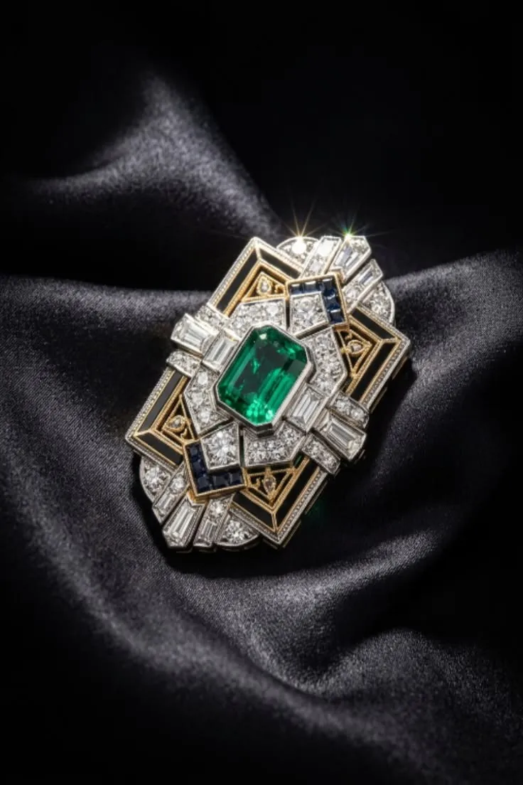 Art Deco Emerald Statement Brooch on Black Satin (AI)