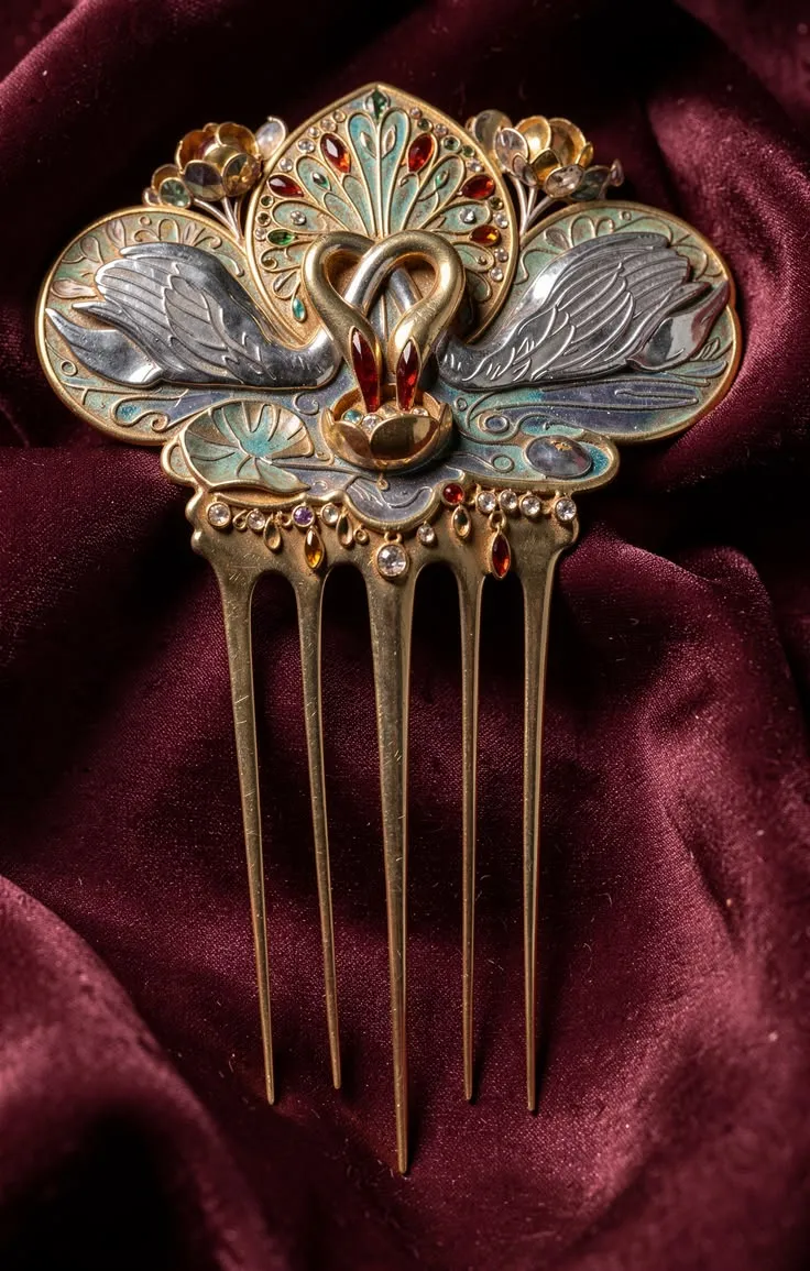 Art Nouveau Swan & Lily Hair Comb _ Jacques Caillot Revival Art Nouveau Swan & Lily Hair Comb _ Jacques Caillot Revival