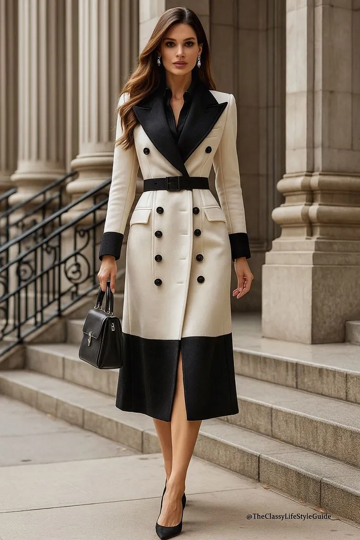 Black and White Belted Trench Coat with Black Heels and Handbag Black and White Belted Trench Coat with Black Heels and Handbag