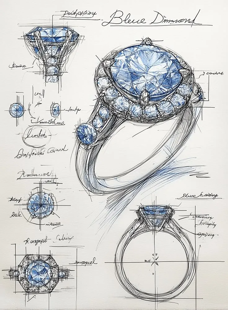 Blue Diamond Halo Ring Sketch ✨ Custom Lab Diamond Ring Design _ Fiona Diamonds