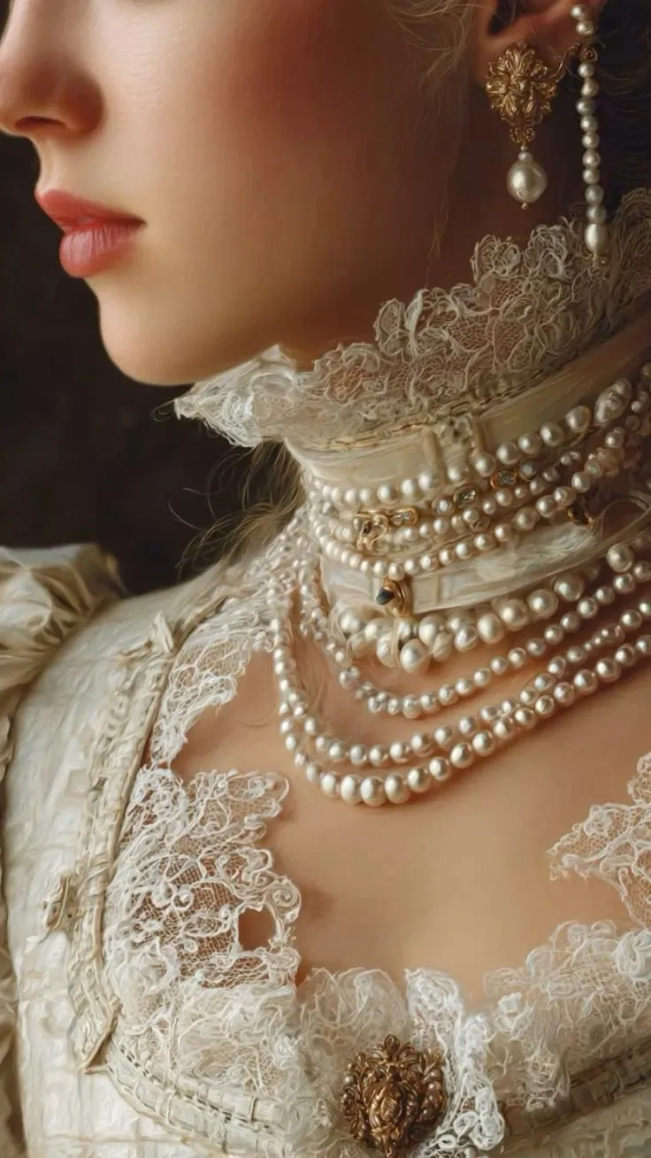 Close-up of an 18th-century aristocratic woman wearing a luxurious baroque pearl necklace and pearl earrings,
