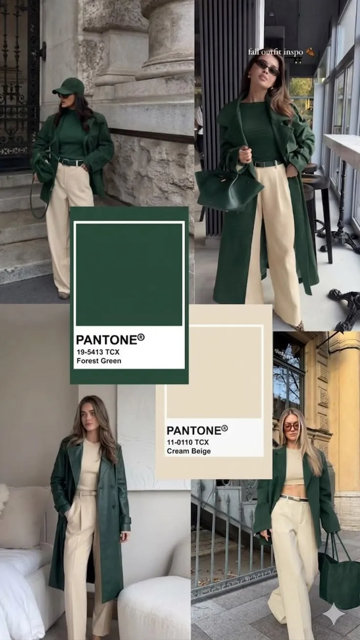 Forest Green & Cream Beige Fall Outfit Inspo _ Pantone Color Palette Guide (1)