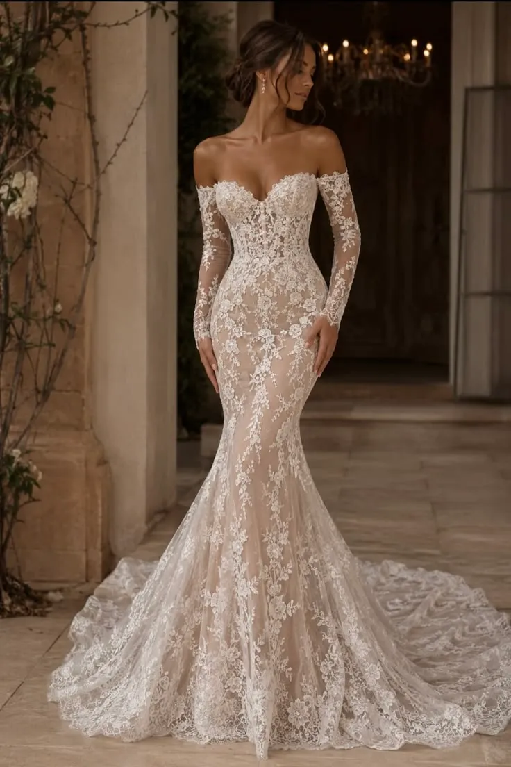Lace Sheer Elegance_ Off-Shoulder Wedding Dress Lace Sheer Elegance_ Off-Shoulder Wedding Dress