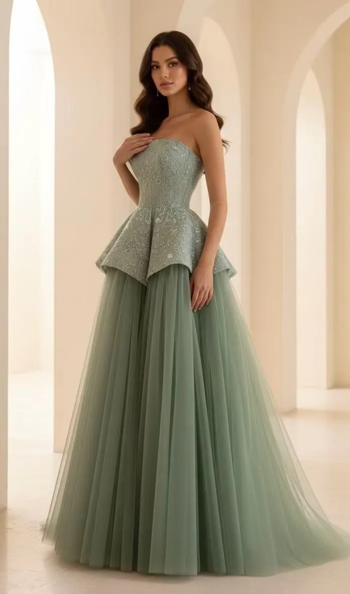 Sage Green Strapless Embroidered Bead Embellished Corset Dramatic Peplum Over Chiffon Aline Skirt Gown - Etsy Sage Green Strapless Embroidered Bead Embellished Corset Dramatic Peplum Over Chiffon Aline Skirt Gown - Etsy