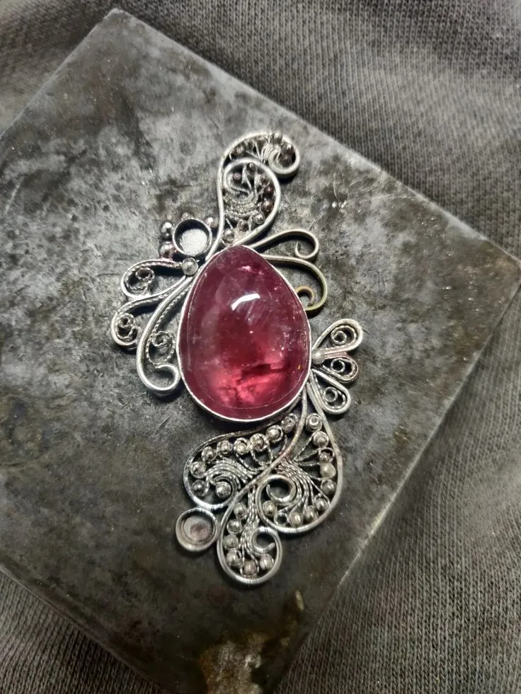 Silver filigree technique tourmaline stone, jewelry in progress_