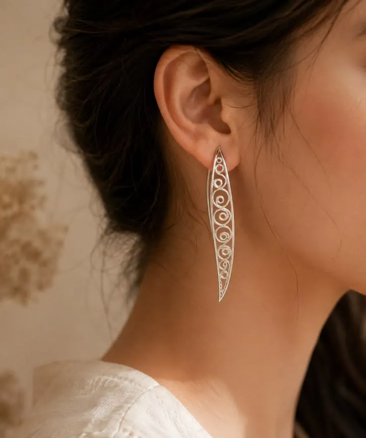 Sterling Silver Filigree Dangle Earrings, Handmade Scroll Boho Drop Jewelry