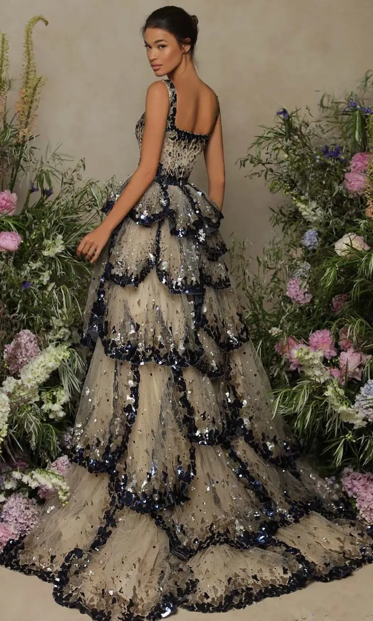 Tarik Ediz - 98083 Square Tiered Sequin Long Gown Tarik Ediz - 98083 Square Tiered Sequin Long Gown