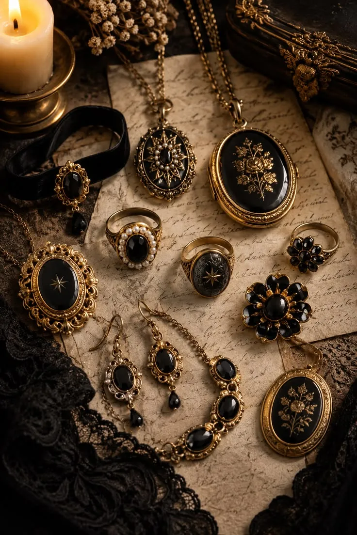 Victorian Mourning Jewelry Aesthetic _ Black Onyx Lockets, Rings & Antique Gold Accessories Victorian Mourning Jewelry Aesthetic _ Black Onyx Lockets, Rings & Antique Gold Accessories