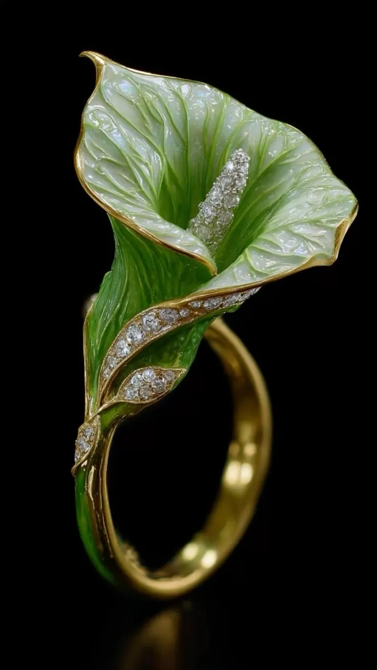 coctail ring with a calla flower and calla leaves coctail ring with a calla flower and calla leaves