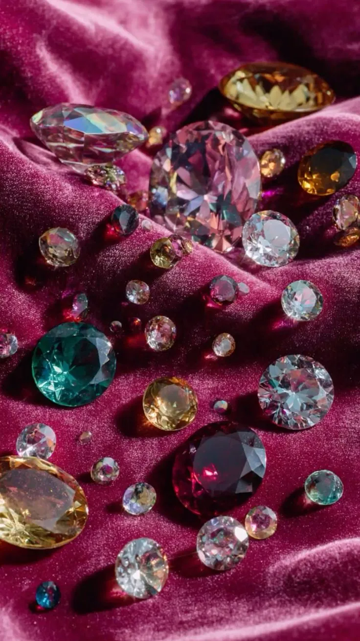 sparkling gemstones in various sizes spread out on top of deep pink velvet fabric