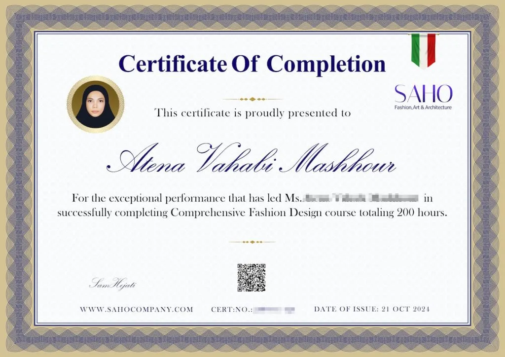نمونه مدرک دوره جامع طراحی مُد و لباس
